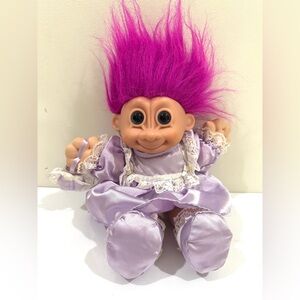 Vintafe 80s Russ Berrie 12" Troll Girl Purple Satin Dress Plush Soft Body Doll